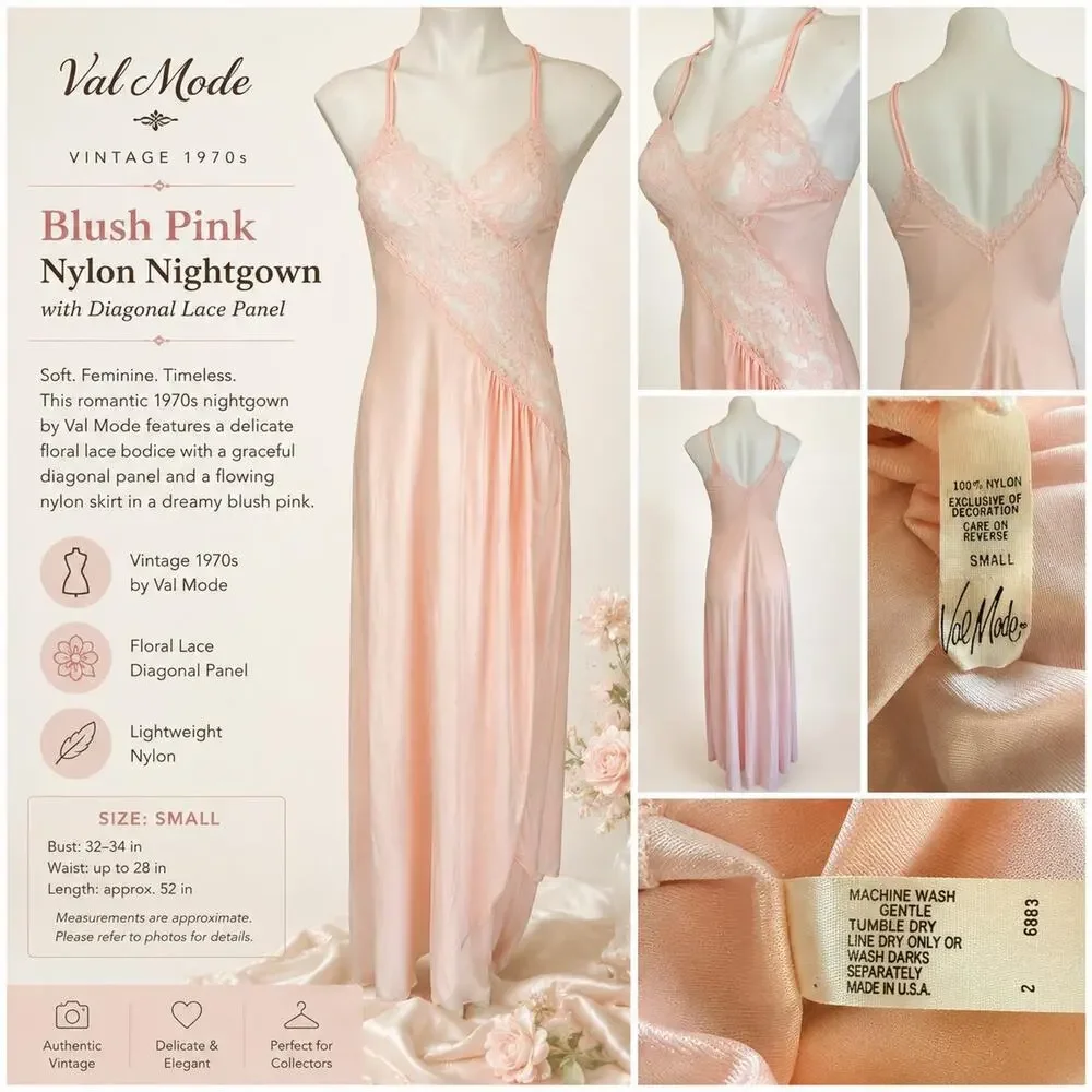 Val Mode Vintage 1970s Blush Pink Nylon Nightgown Diagonal Lace Panel Small